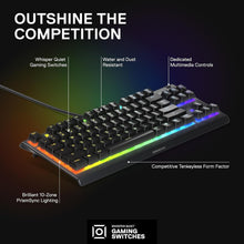 Load image into Gallery viewer, SteelSeries Apex 3 TKL RGB Gaming Keyboard – Tenkeyless Compact Form Factor - 8-Zone RGB Illumination – IP32 Water & Dust Resistant – Whisper Quiet Gaming Switch – Gaming Grade Anti-Ghosting,Black