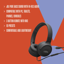 Load image into Gallery viewer, JBL Tune 520C - USB-C Wired on-Ear Headphones with Hi-Res Audio Support, JBL Pure Bass Sound, Comfort fit, USB-C connectivity, 3-Button Remote with Microphone and EQ presets Control (Black) (Renewed)