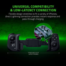 Load image into Gallery viewer, Razer Kishi Mobile Controller for iPhone iOS: Works with iPhone X, 11, 12, 13, and 13 Max - Includes 1 Month Xbox Game Pass Ultimate, xCloud, Stadia, Luna - Lightning Port Passthrough - MFi Certified (Renewed)