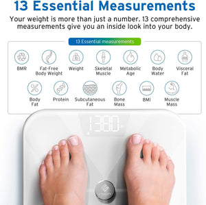 Etekcity Smart Bluetooth Body Fat Scale, Digital Wireless BMI Weight Bathroom Scale with 13 Essential Measurements and ITO Conductive Glass, Body Composition Analyzer with App, White