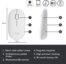 Load image into Gallery viewer, Logitech Pebble Wireless Mouse, Bluetooth or 2.4 GHz with USB Mini-Receiver, Silent, Slim Computer Mouse with Quiet Click for Laptop/Notebook/PC/Mac - White
