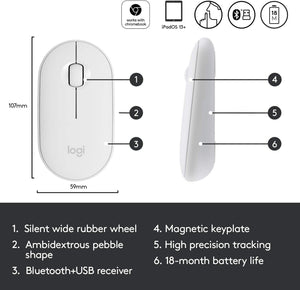 Logitech Pebble Wireless Mouse, Bluetooth or 2.4 GHz with USB Mini-Receiver, Silent, Slim Computer Mouse with Quiet Click for Laptop/Notebook/PC/Mac - White