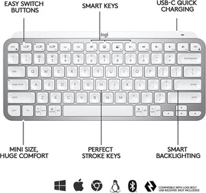 Logitech MX Keys Mini Minimalist Wireless Illuminated Keyboard, Compact, Bluetooth, Backlit, USB-C, Compatible with Apple macOS, iOS, Windows, Linux, Android, Metal Build - Pale Gray (Renewed)