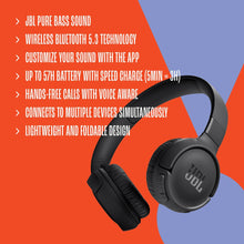 Load image into Gallery viewer, JBL Tune 520BT - Wireless On-Ear Headphones, Up to 57H battery life and speed charge, Lightweight, comfortable and foldable design, Hands-free calls with Voice Aware (Black) (Renewed)

