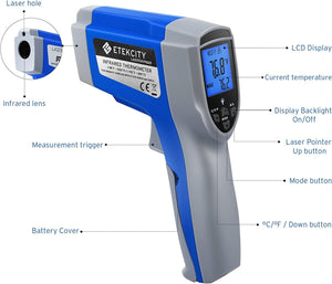 Etekcity Gun Non-contact-58°F ~1022°F (-50°C ~ 550°C) ith Adjustable Emissivity & Max Measure for Meat Refrigerator Pool Oven, Blue