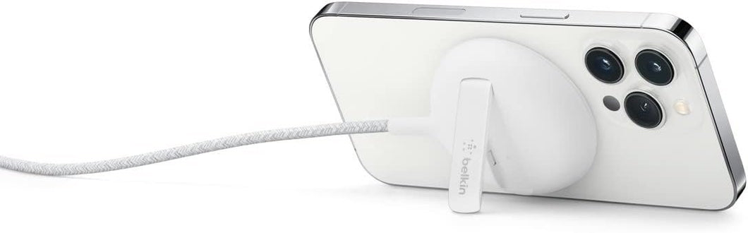 Belkin Wireless Charger, Fast Charging Up to 15W w/Official Made-for-MagSafe Module and Pad Style, Metal Kickstand for iPhone 14, 14 Plus, 14 Pro, 14 Pro Max, 13, 12 and Other MagSafe iPhones - White