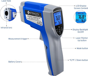 Etekcity Infrared Thermometer 1022D (Not for Human) Dual Laser Temperature Gun Non-contact-58℉~1022℉ (-50℃ ~ 550℃) with Adjustable Emissivity & Max Measure, Standard Size, Blue & Gray