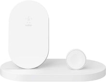 Load image into Gallery viewer, Belkin 3-In-1 Wireless Charging Station - Fast Wireless Charging For Apple Iphone 14, Iphone 13 &amp; Iphone 12 Series &amp; Apple Watch (All Series) - With Additional USB A Port For Multiple Devices (White)
