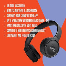 Load image into Gallery viewer, JBL Tune 520BT - Wireless On-Ear Headphones, Up to 57H battery life and speed charge, Lightweight, comfortable and foldable design, Hands-free calls with Voice Aware (Black) (Renewed)
