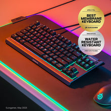 Load image into Gallery viewer, SteelSeries Apex 3 TKL RGB Gaming Keyboard – Tenkeyless Compact Form Factor - 8-Zone RGB Illumination – IP32 Water &amp; Dust Resistant – Whisper Quiet Gaming Switch – Gaming Grade Anti-Ghosting,Black
