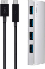 Load image into Gallery viewer, Belkin USB-IF Certified USB 3.0 4-Port Hub with 1-Meter USB Type C (USB-C) to Micro-B Cable
