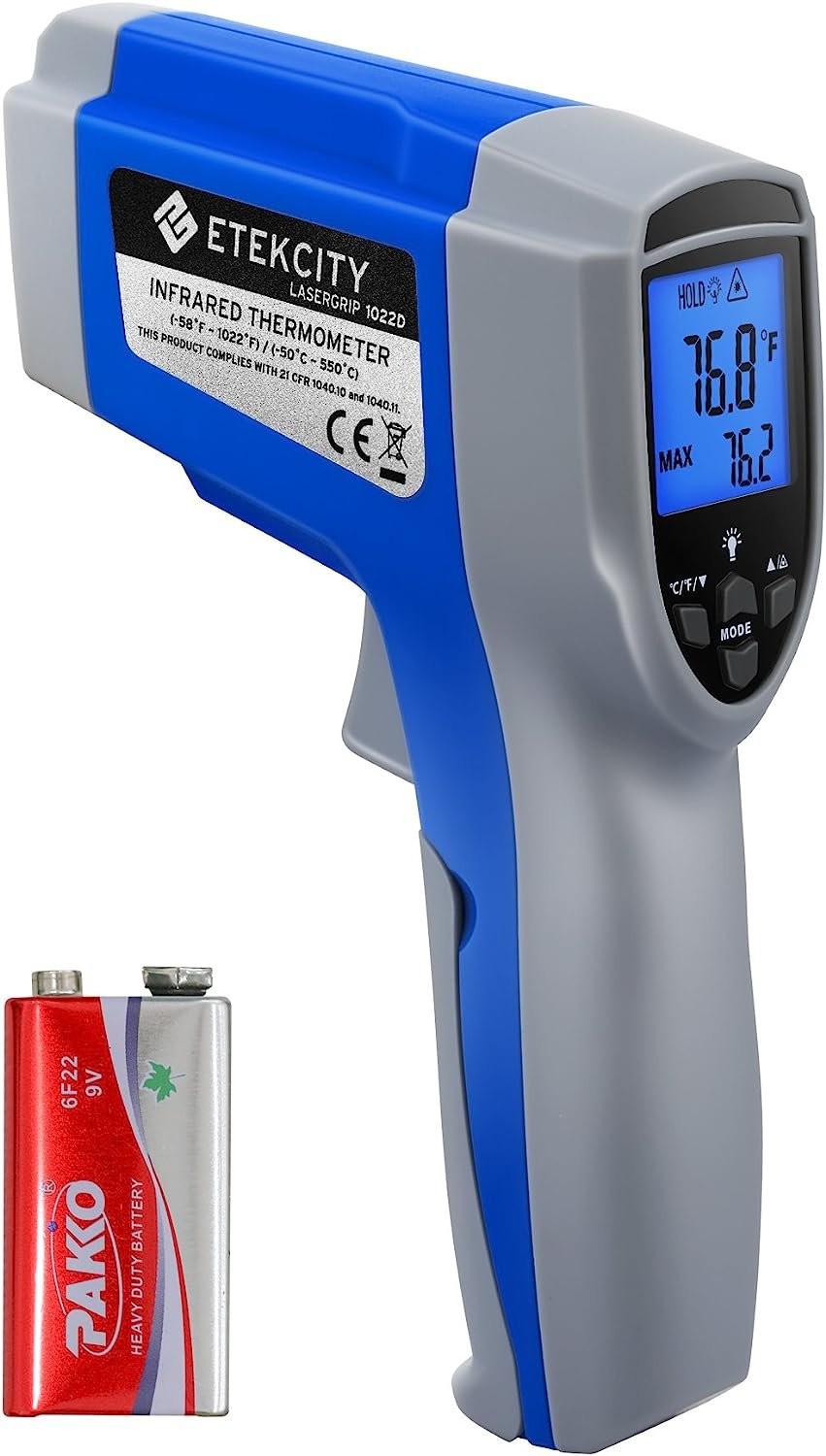 Etekcity Infrared Thermometer 1022D (Not for Human) Dual Laser Temperature Gun Non-contact-58℉~1022℉ (-50℃ ~ 550℃) with Adjustable Emissivity & Max Measure, Standard Size, Blue & Gray