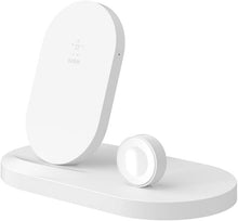 Load image into Gallery viewer, Belkin 3-In-1 Wireless Charging Station - Fast Wireless Charging For Apple Iphone 14, Iphone 13 &amp; Iphone 12 Series &amp; Apple Watch (All Series) - With Additional USB A Port For Multiple Devices (White)
