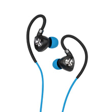 Load image into Gallery viewer, JLab Fit 2.0 Bluetooth Enabled Wireless Sports Earbuds, Bluetooth 4.1, 10mm Titanium Drivers, 6 Hour Battery Life, IP55 Sweatproof, Flexible Memory Wire, Blue
