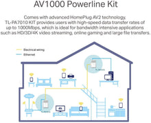 Load image into Gallery viewer, TP-Link AV1000 Powerline Ethernet Adapter - Gigabit Port, Plug&amp;Play, Power Saving, Ethernet Over Power, Expand Home Network with Stable Connections, Ideal for Smart TV, Online Gaming (TL-PA7010 KIT)
