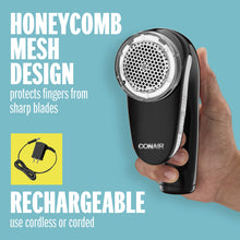 Load image into Gallery viewer, Conair Fabric Shaver and Lint Remover, Rechargeable Portable Fabric Shaver, Black
