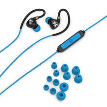 Load image into Gallery viewer, JLab Fit 2.0 Bluetooth Enabled Wireless Sports Earbuds, Bluetooth 4.1, 10mm Titanium Drivers, 6 Hour Battery Life, IP55 Sweatproof, Flexible Memory Wire, Blue
