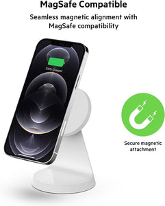 Belkin Magnetic Wireless Charger Stand - MagSafe Charger Compatible - Magnetic iPhone Charger - Wireless Charger - Works w/ Apple iPhone 14, iPhone 13 & iPhone 12 - Power Supply Not Included - White