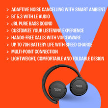 Load image into Gallery viewer, JBL Tune 670NC - Adaptive Noise Cancelling with Smart Ambient Wireless On-Ear Headphones, Up to 70H Battery Life with Speed Charge, Lightweight, Comfortable and Foldable Design (Black) (Renewed)
