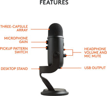 Load image into Gallery viewer, Blue Yeti USB Microphone for PC, Mac, Gaming, Recording, Streaming, Podcasting, Studio and Computer Condenser Mic with Blue VO!CE effects, 4 Pickup Patterns, Plug and Play – Blackout
