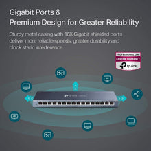 Load image into Gallery viewer, TP-Link 16 Port Gigabit Ethernet Network Switch | Desktop/ Wall-Mount | Lifetime Protection | Fanless | Sturdy Metal w/ Shielded Ports | Traffic Optimization | Unmanaged (TL-SG116) (Renewed)
